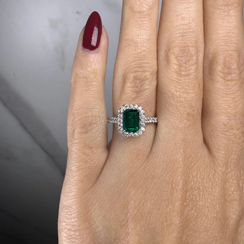 Ladies engagement rings matching sets-"Curena" Emerald Cut Halo and Diamond Shoulder Engagement Ring HAEC05E