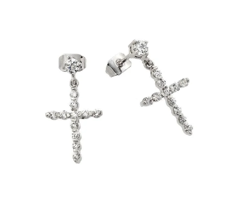 Ladies earrings anniversary picks-Silver 925 Rhodium Plated Cross CZ Dangling Earrings - BGE00290