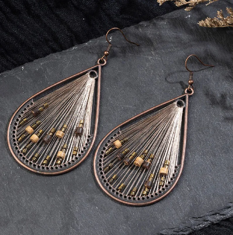 Ladies earrings size guide-Beige Strings with Bead Accent Teardrop Earrings