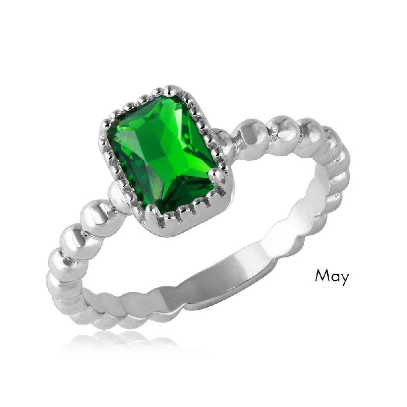 Ladies rings daily wear-May Sterling Silver 925 Rhodium Plated Beaded Shank Square Center Birthstone Ring - BGR01081MAY