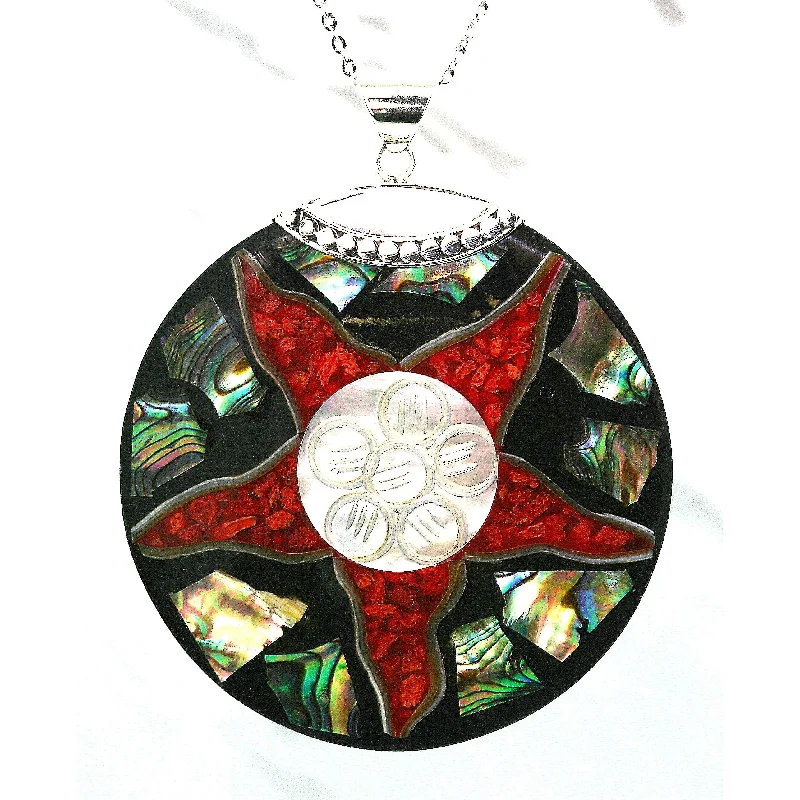 Ladies necklaces memory keepsakes-Red Star Natural Shell Mosaic Necklace & Earrings Set