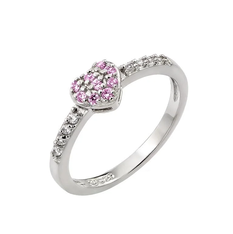 Ladies rings fashion picks-Rhodium Plated 925 Sterling Silver Clear Inlay CZ October Birthstone Heart Ring  - BGR00784OCT