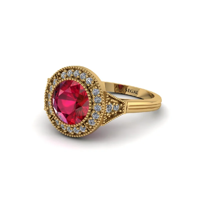 Ladies engagement rings delicate bands-Round Cut Ruby Milgrain Halo Engagement Ring - Maggie No. 10