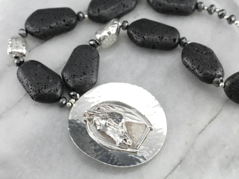 Ladies necklaces personalized-Equestrian Lava Stone Silver Bead Necklace