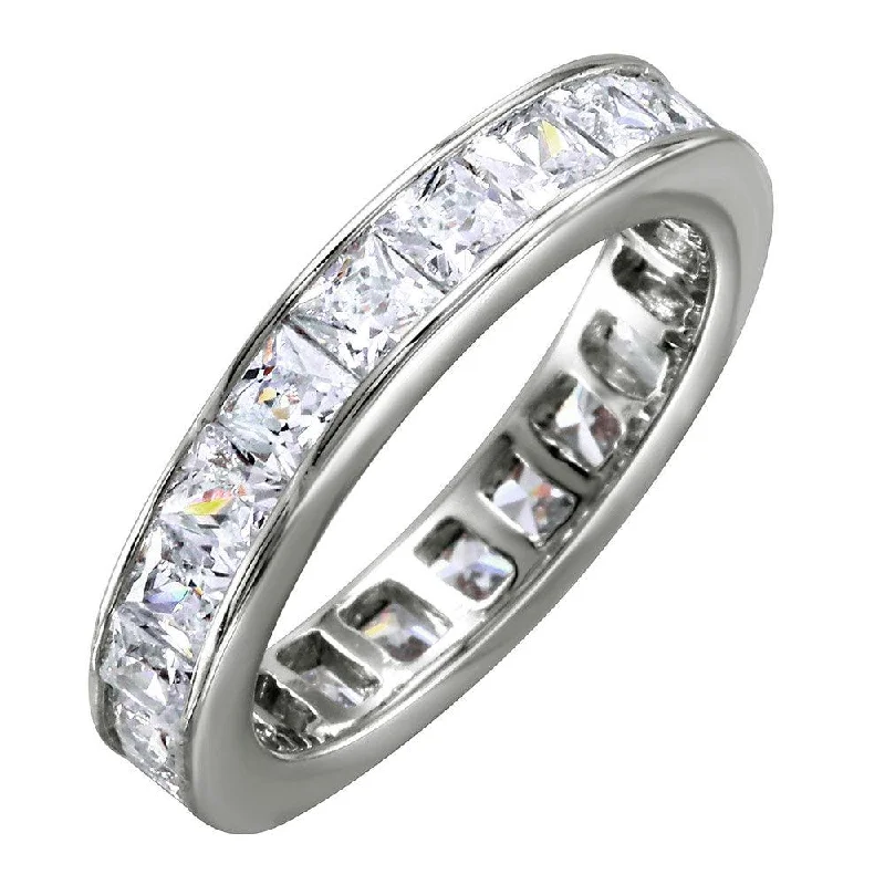 Ladies rings mature styles-Silver 925 Rhodium Plated Clear Baguette CZ Eternity Ring - BGR00760