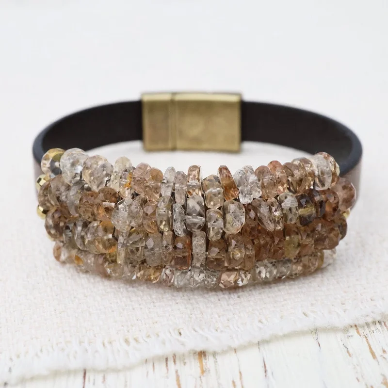 Ladies bracelets matching sets-Imperial Topaz with Gold Pyrite Trim on Metallic Brown Leather Bracelet