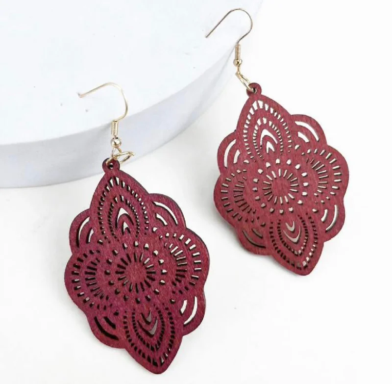 Ladies earrings memory keepsakes-Red Bohemian Hollow Out Wooden Drop Earrings