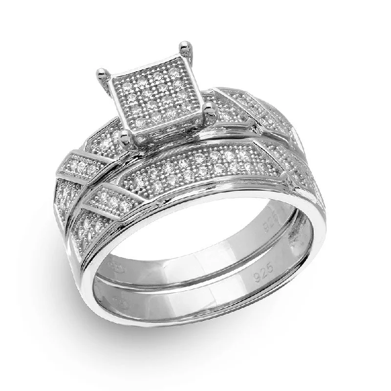 Ladies rings luxurious designs-Silver 925 Rhodium Plated Square Pave Center Trio Bridal Ring - GMR00150