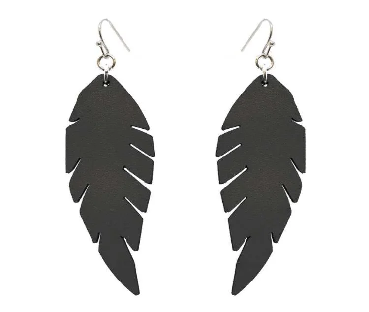 Ladies earrings chandelier trends-BLACK FAUX LEATHER FEATHER EARRINGS