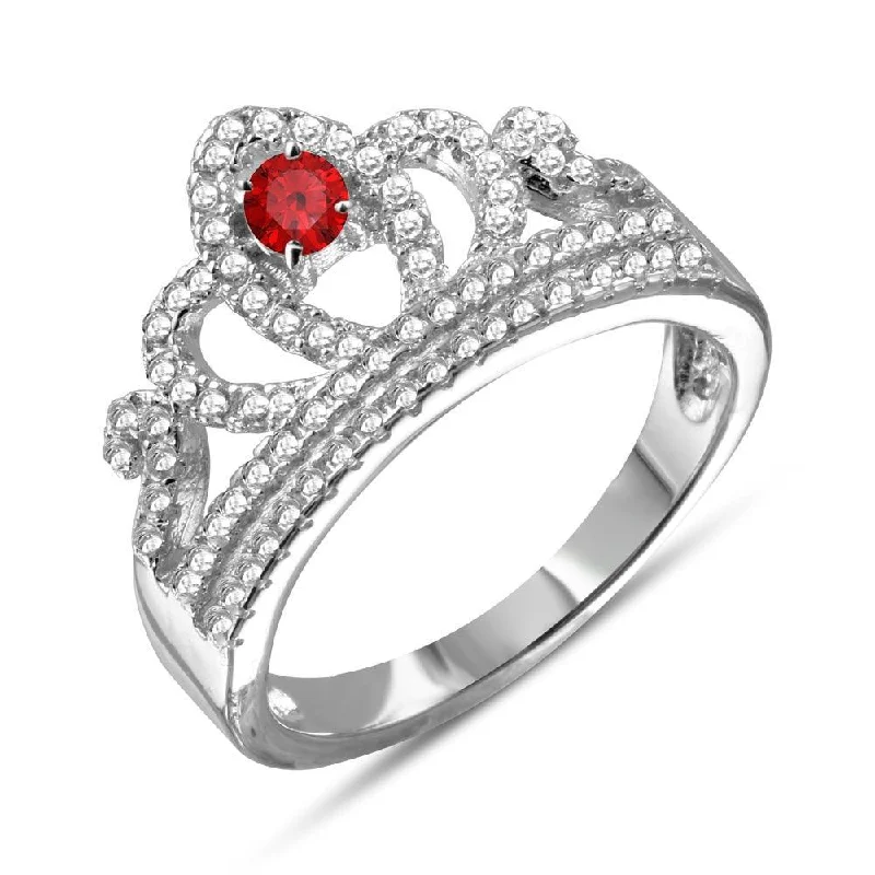 Ladies rings luxurious designs-Rhodium Plated 925 Sterling Silver Tiara with Red and Clear CZ Ring - BGR01108RED