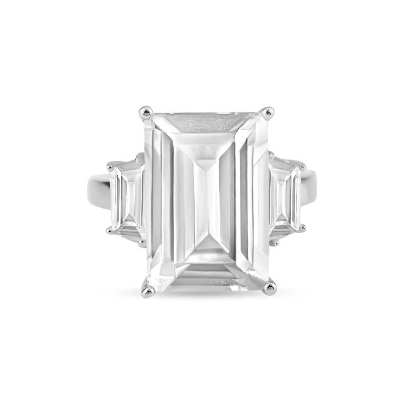 Ladies rings handmade pieces-Rhodium Plated 925 Sterling Silver Clear Baguette and Rectangular Center CZ Bridal Ring - BGR00427