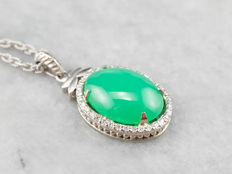 Ladies necklaces personalized-Chrysoprase Diamond Halo White Gold Pendant Necklace