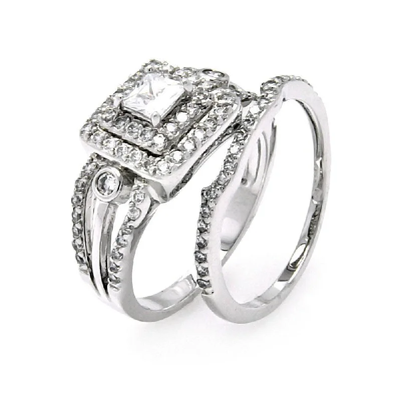 Ladies rings celebrity trends-Silver 925 Rhodium Plated Clear CZ Bridal Multi Layer Square Ring Set - BGR00456