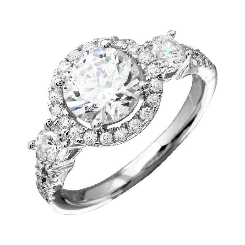 Ladies rings pure silver-Rhodium Plated 925 Sterling Silver Round Halo Ring with CZ Shank - GMR00210