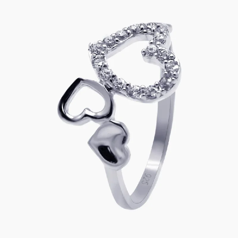 Ladies rings memory keepsakes-Silver 925 Rhodium Plated CZ Triple Heart Ring - AAR0075