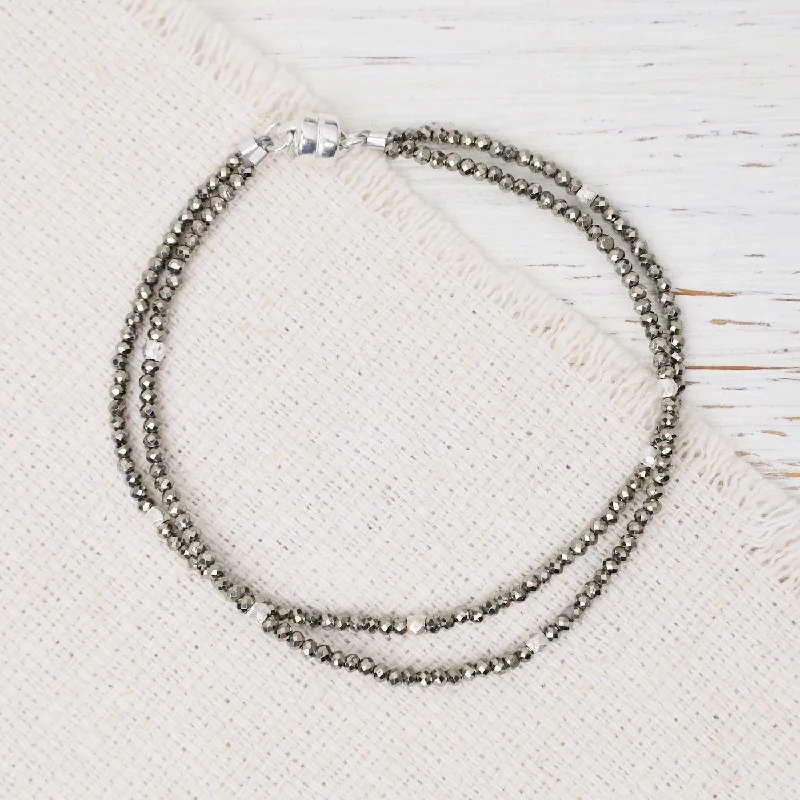 Ladies bracelets gold designs-Double Strand Pyrite Sterling Silver Magnetic Bracelet