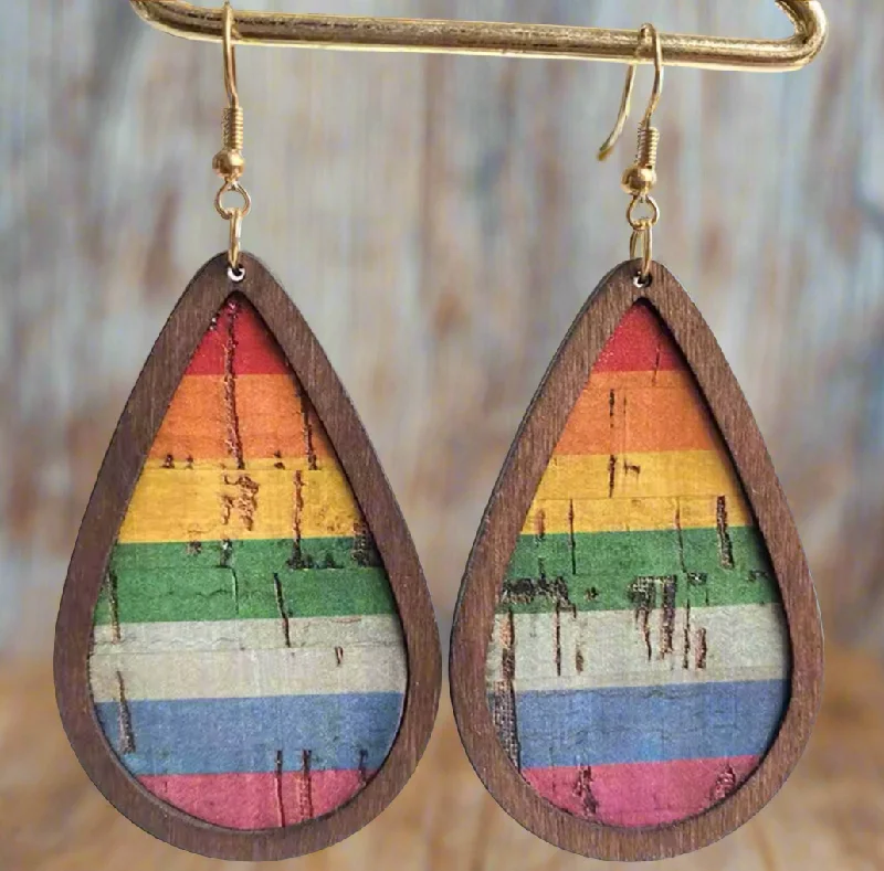 Ladies earrings online shopping-Wooden Rainbow Drop Earrings