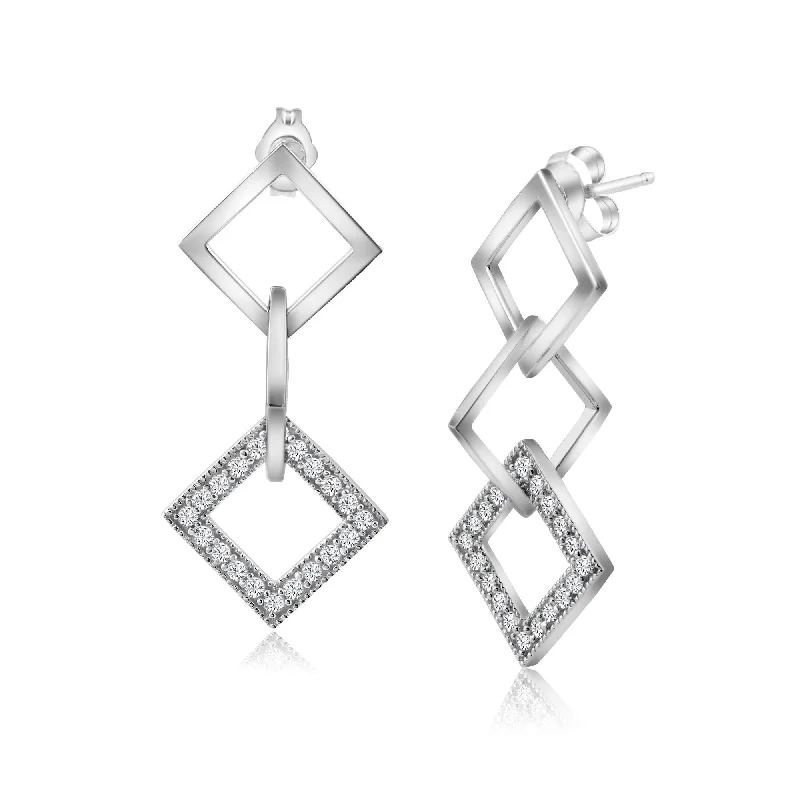 Ladies earrings ethnic patterns-Silver 925 Rhodium Plated Micro Pave Multiple Square Clear CZ Dangling Earrings - ACE00011