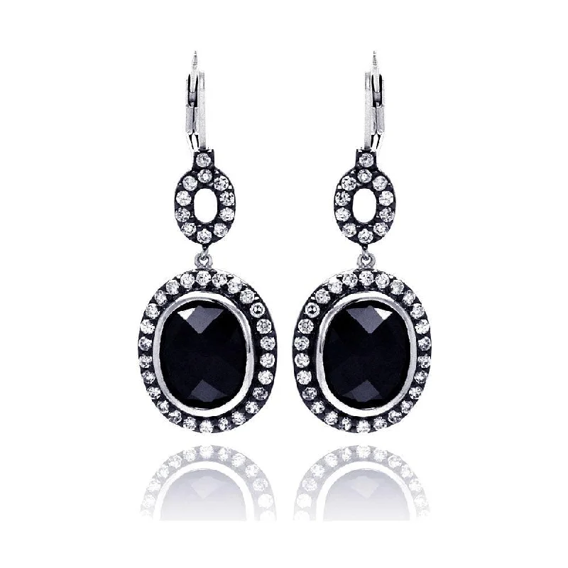 Ladies earrings gold designs-Clearance-Silver 925 Rhodium Plated Black Round CZ Dangling Earrings - STE00534