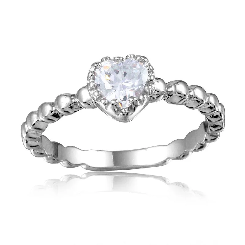 Ladies rings latest trends-Silver 925 Rhodium Plated Beaded Band Clear Heart Center Stone Ring - BGR01052CLR