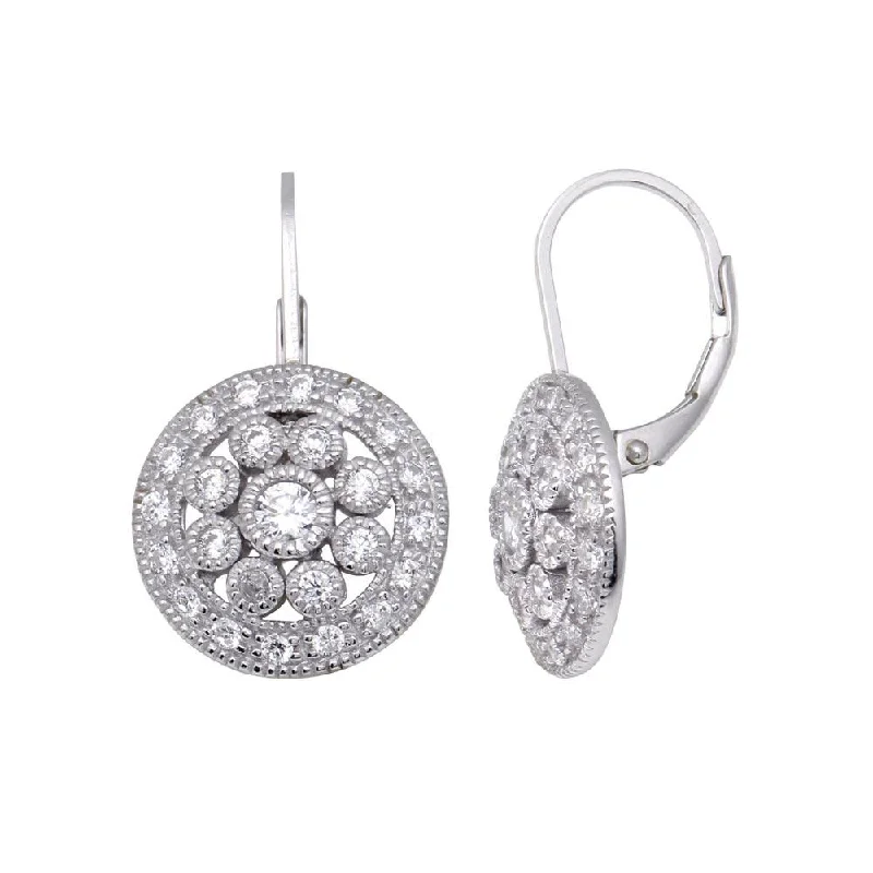 Ladies earrings holiday gifts-Silver 925 Rhodium Plated Round Cluster CZ Hook Earrings - STE00138