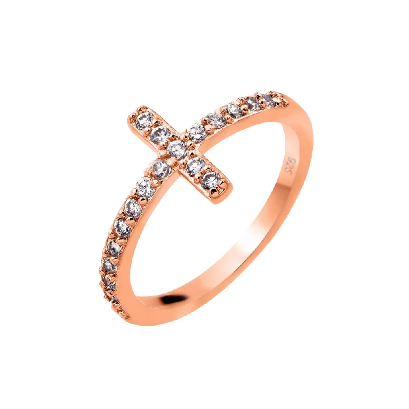 Ladies rings jade accents-Silver 925 Rose Gold Plated Clear CZ Cross Ring - BGR00783RGP