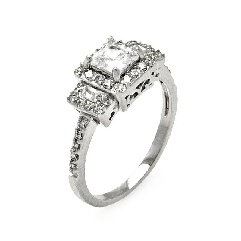 Ladies rings viral picks-Silver 925 Rhodium Plated Clear Square Center Baguette Round Cluster CZ Bridal Ring - BGR00471