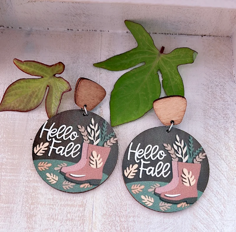 Ladies earrings matching pairs-Wooden "Hello Fall" Stud Drop Earrings