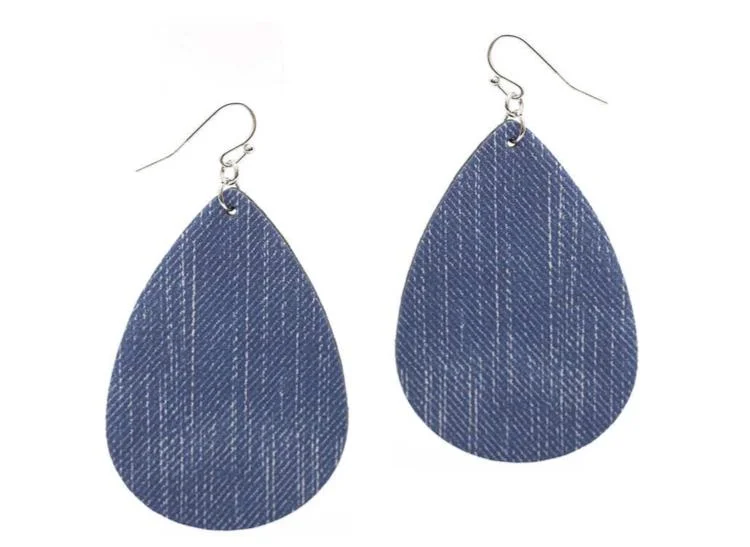 Ladies earrings celebrity trends-BLUE DENIM FAUX LEATHER DROP EARRINGS