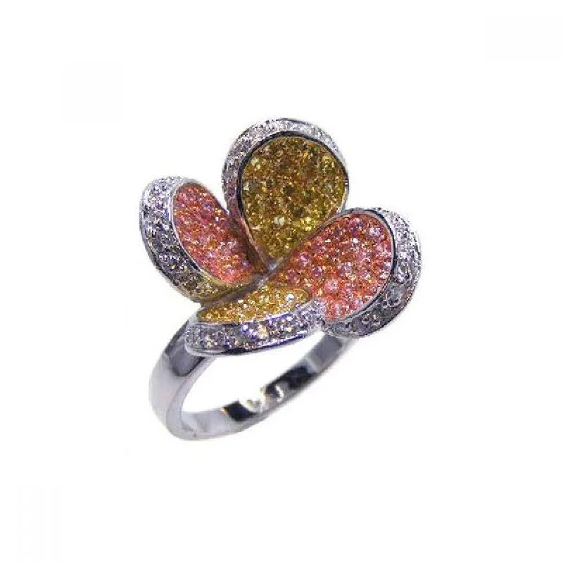 Ladies rings middle finger-Clearance-925 Sterling Silver Three Toned Multi-Color CZ Flower Ring - BGR00040