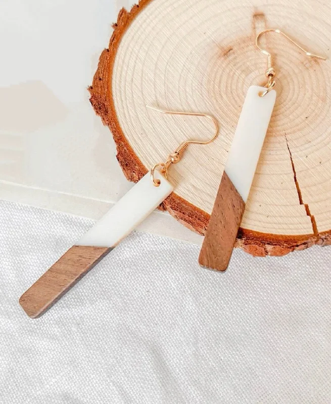 Ladies earrings holiday gifts-Beautiful Wood and White Resin Bar Earrings