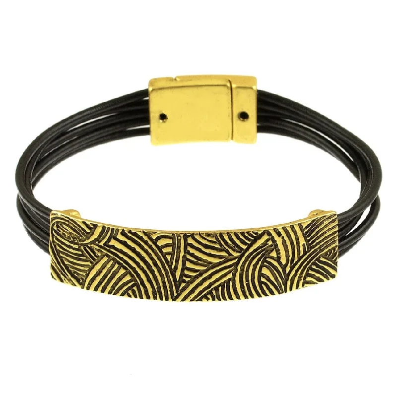 Ladies bracelets youthful charm-Etched Gold Bar Black Leather Bracelet