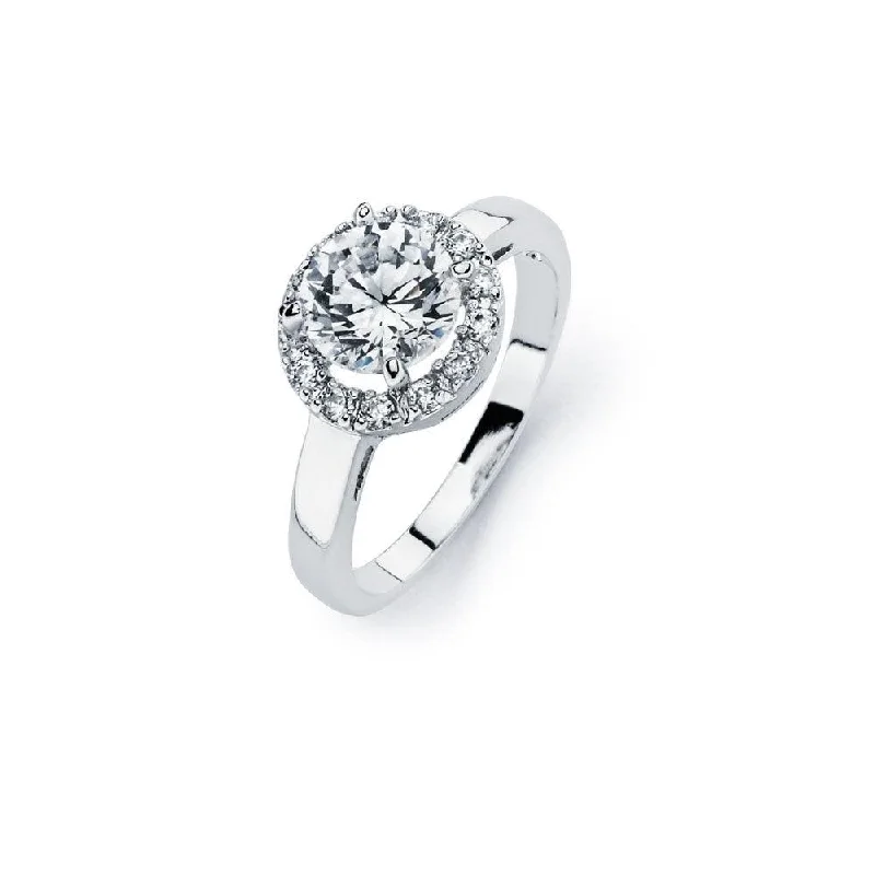 Ladies rings budget picks-Silver 925 Rhodium Plated Clear Round Center Cluster CZ Bridal Ring - BGR00720