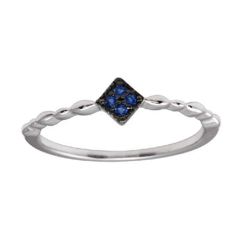 Ladies rings store finds-Rhodium Plated 925 Sterling Silver Diamond Shape 4 Blue CZ Ring - BGR01226BLU