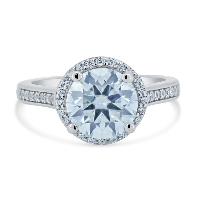 Ladies rings anniversary picks-Rhodium Plated 925 Sterling Silver Halo Round Moissanite Stones Ring - MBGR00008