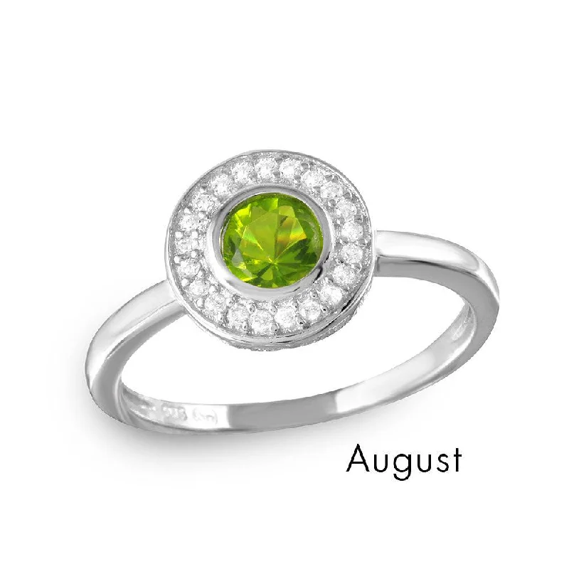 Ladies rings global brands-August Sterling Silver 925 Rhodium Plated CZ Center Birthstone Halo Ring - BGR01082AUG