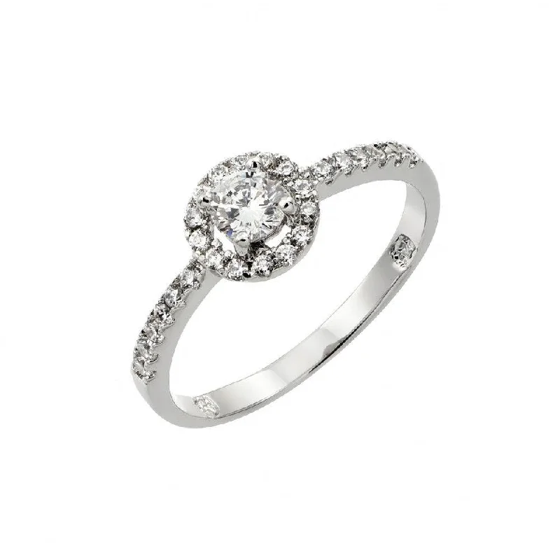 Ladies rings geometric patterns-Silver 925 Rhodium Plated Clear Round CZ Bridal Ring - BGR00831