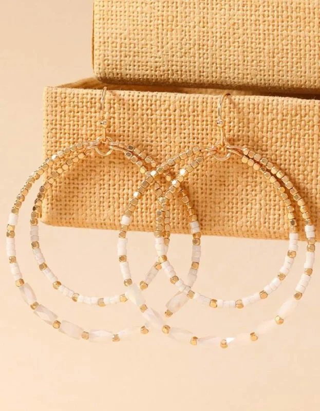 Ladies earrings gift choices-White and Gold Beaded Double Circle Earrings