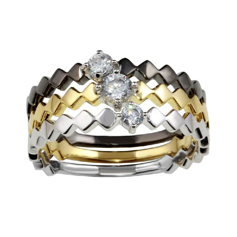 Ladies rings index finger-Three-Tone 925 Sterling Silver Stackable Ring Set with CZ - BGR01171