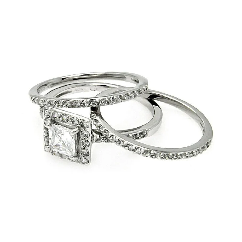 Ladies rings creative designs-Silver 925 Rhodium Plated Square Clear CZ Stackable Bridal Ring Set - BGR00451