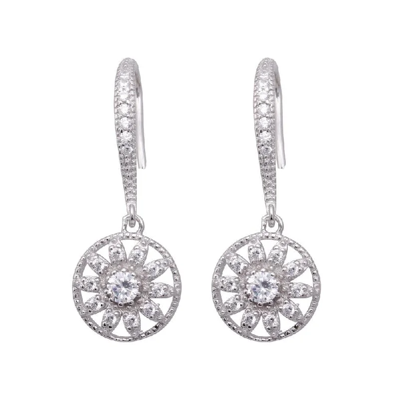 Ladies earrings hypoallergenic-Silver 925 Rhodium Plated Flower CZ Dangling Hook Earrings - BGE00324