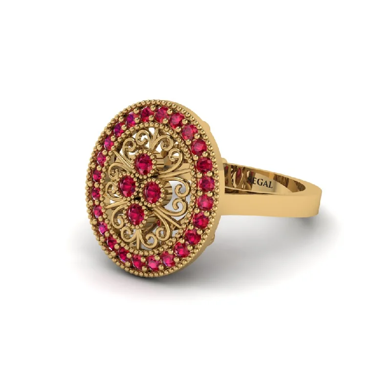 Ladies engagement rings size guide-Ruby Vintage Victorian Floral Halo Engagement Ring - Nina No. 55