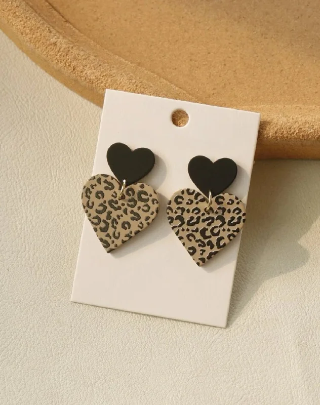 Ladies earrings memory keepsakes-Leopard Print Heart Stud Drop Earrings