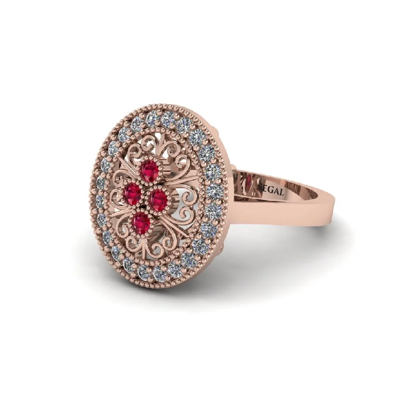 Ladies engagement rings celebrity trends-Ruby Vintage Victorian Floral Halo Engagement Ring - Nina No. 11