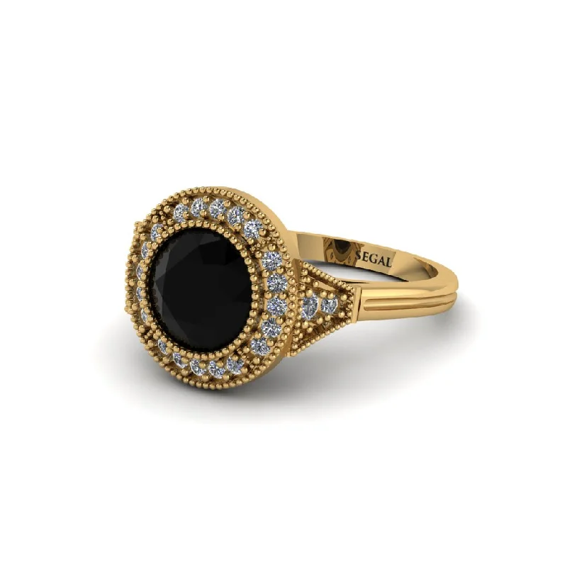 Ladies engagement rings discount offers-Round Cut Black Diamond Milgrain Halo Engagement Ring - Maggie No. 7