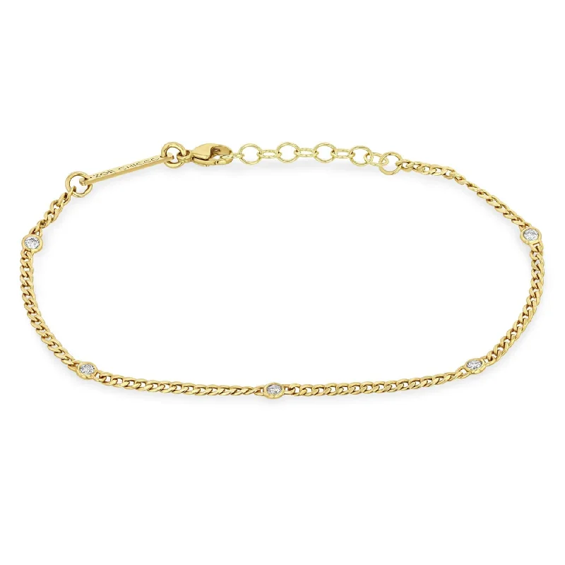 Ladies bracelets Mother’s Day-14k Extra Small Curb Chain Bracelet with 5 Floating Diamonds