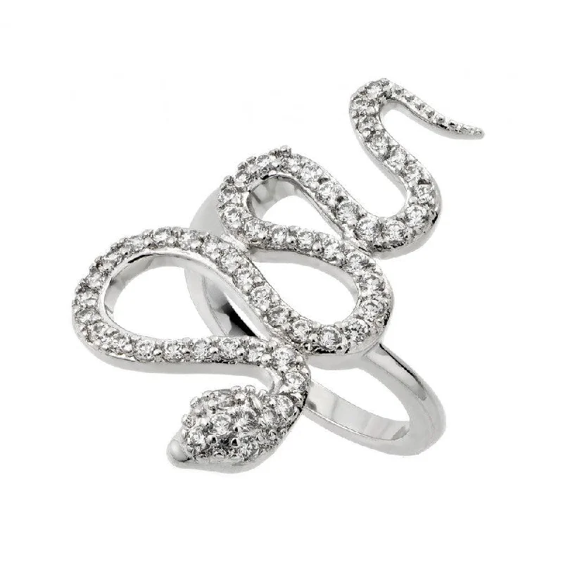 Ladies rings Asian styles-Silver 925 Rhodium Plated Clear CZ Snake Ring - BGR00846