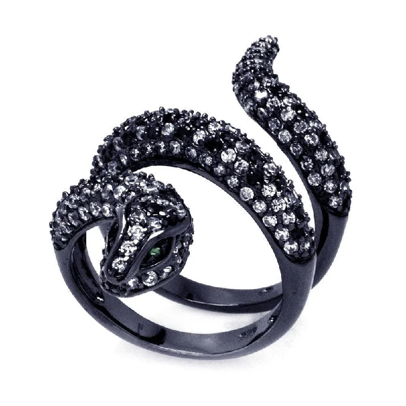 Ladies rings e-commerce sites-Clearance-Silver 925 Black Rhodium Plated Black and Clear CZ Snake Wrap Ring - BGR00317