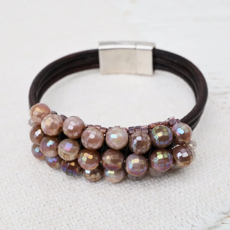 Ladies bracelets size guide-Hand Stitched Coated Diamond Bellini Moonstone Leather Bracelet