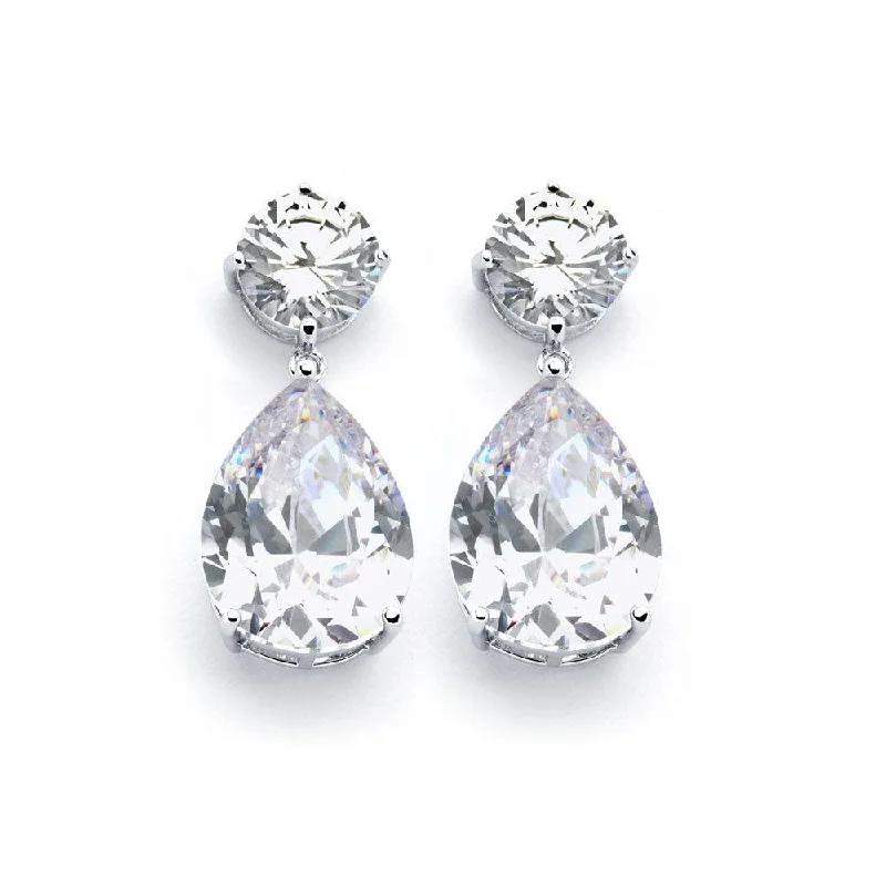 Ladies earrings colorful gems-Silver 925 Rhodium Plated Round Teardrop Clear CZ Dangling Earrings - BGE00858CLR